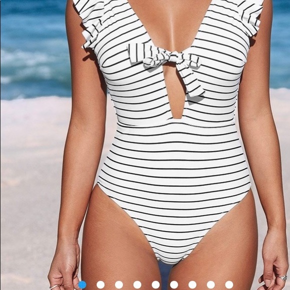 NWOT black and white striped ruffle one piece bathing suit - Picture 3 of 8
